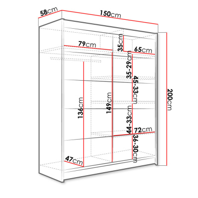 PIRITU 4 gardróbszekrény 150 cm tolóajtókkal és LED világítással - fekete / artisan tölgy