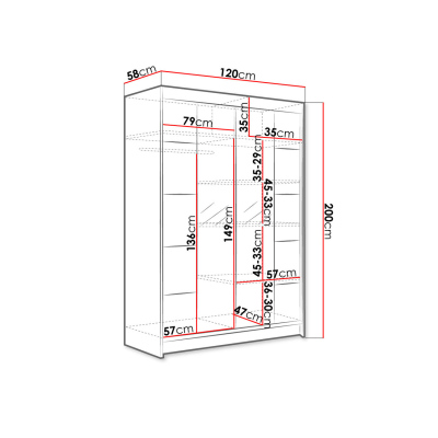 SAMANRE 5 gardróbszekrény 120 cm tükörrel és RGB LED világítással - fekete / artisan tölgy