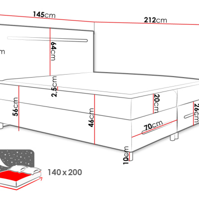 MARIELA boxspring franciaágy 180x200 - fekete ökobőr + INGYENES topper és LED világítás