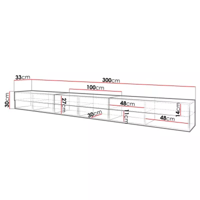 WILLA A TV-asztal 300 cm - wotan tölgy / fényes fekete