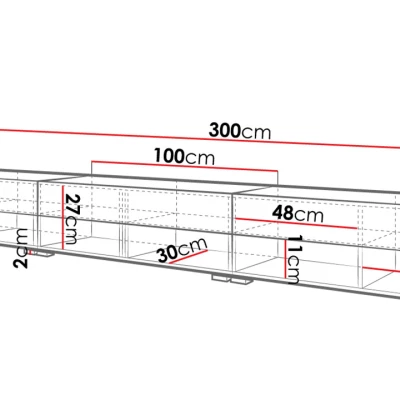 WILLA A TV-asztal 300 cm - wotan tölgy / fényes fekete