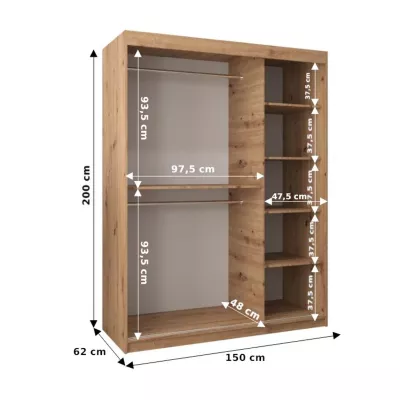 TIMEA dizájnos tolóajtós gardróbszekrény 150 cm széles - sonoma tölgy