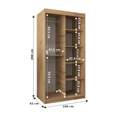 TIMEA 1 tágas tolóajtós gardróbszekrény 100 cm széles - sonoma tölgy