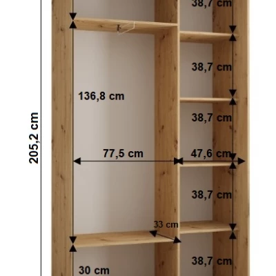 YVONA 1 gardróbszekrény - 130/45 cm, artisan tölgy / fekete / ezüst