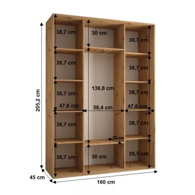 YVONA 1 gardróbszekrény - 160/45 cm, artisan tölgy / fekete / fekete