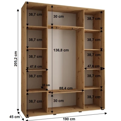 YVONA 3 gardróbszekrény - 190/45 cm, artisan tölgy / fehér / ezüst