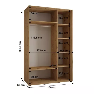 YVONA 1 gardróbszekrény - 150/60 cm, artisan tölgy / fekete / fekete