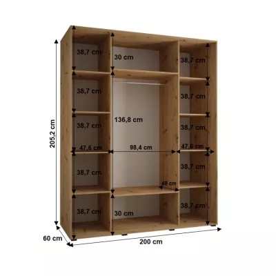 YVONA 1 gardróbszekrény - 200/60 cm, fehér / fekete / ezüst