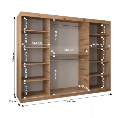 DONICELA 3 tükrös szekrény - 250 cm, fekete / fehér