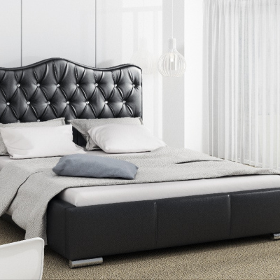 Santorini stílusos kétszemélyes ágy tárolóval, fekete ökobőr 140 x 200