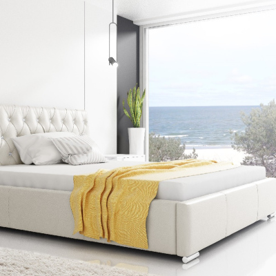 Adelaide divatos ágy magasított fejtámlával és tárolóval, bézs ökobőr, 180 x 200