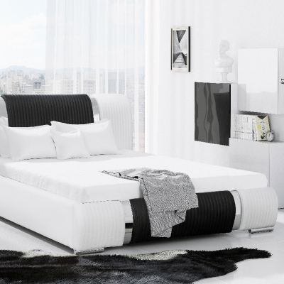 Valentina fényűző ágy magasított fejtámlával és tárolóval, fehér ökobőr, 200 x 200