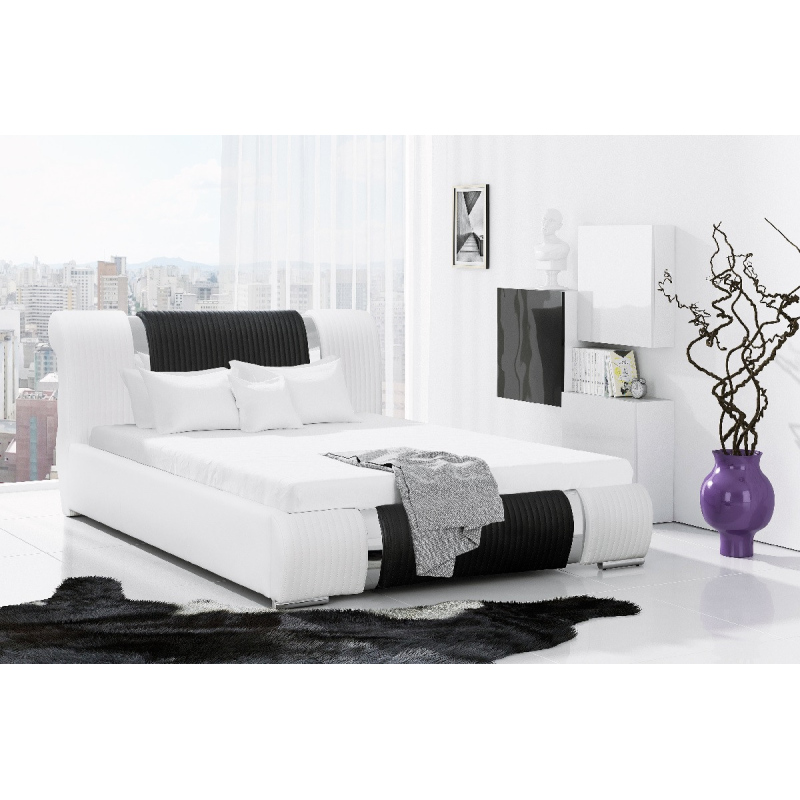 Valentina fényűző ágy magasított fejtámlával és tárolóval, fehér ökobőr, 200 x 200